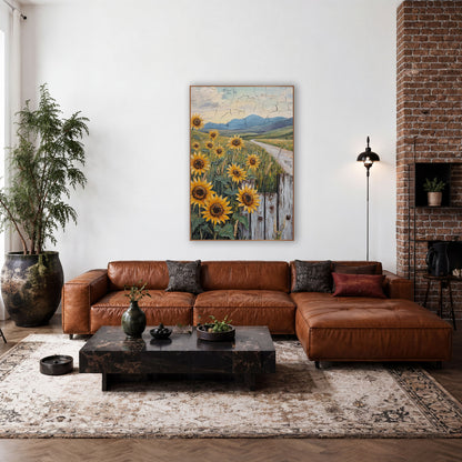 Sunflowers Weathered Fence Cracked Sky wall art in a rustic western-style room – yellow sunflowers beside a weathered