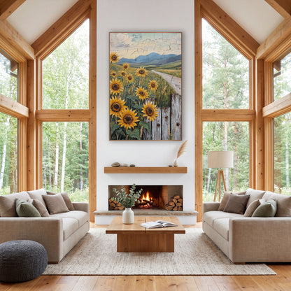 Sunflowers Weathered Fence Cracked Sky wall art in a rustic western-style room – yellow sunflowers beside a weathered