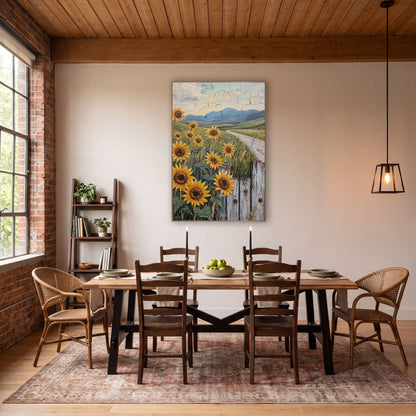 Sunflowers Weathered Fence Cracked Sky wall art in a rustic western-style room – yellow sunflowers beside a weathered