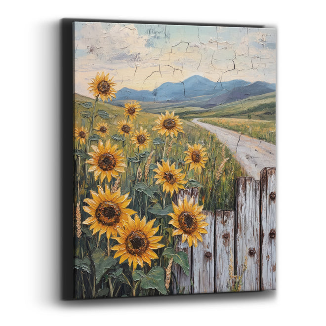 Sunflowers Weathered Fence Cracked Sky Canvas Wall Art
