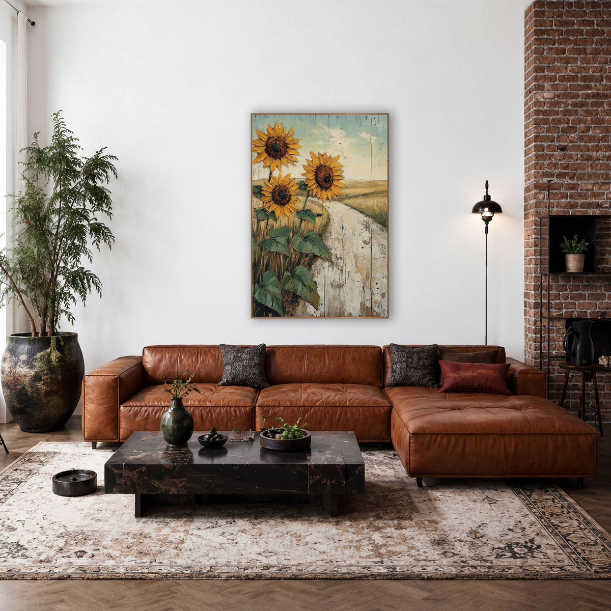 Sunflower Country Road Western Landscape wall art in a rustic western-style room – three golden sunflowers