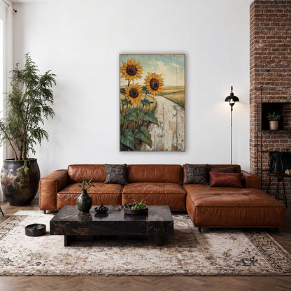 Sunflower Country Road Western Landscape wall art in a rustic western-style room – three golden sunflowers