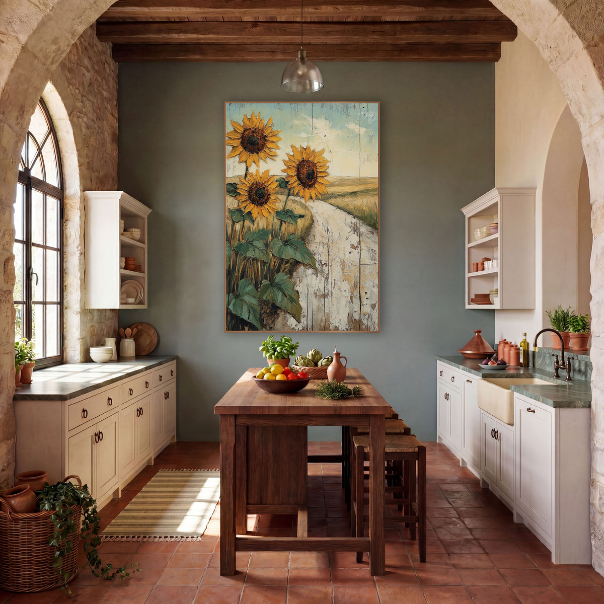 Sunflower Country Road Western Landscape wall art in a rustic western-style room – three golden sunflowers