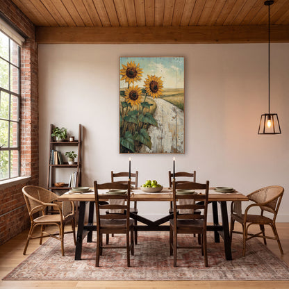 Sunflower Country Road Western Landscape wall art in a rustic western-style room – three golden sunflowers