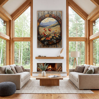 Round Cracked Wheel Meadow Western wall art in a rustic western-style room – red and yellow wildflowers in a golden