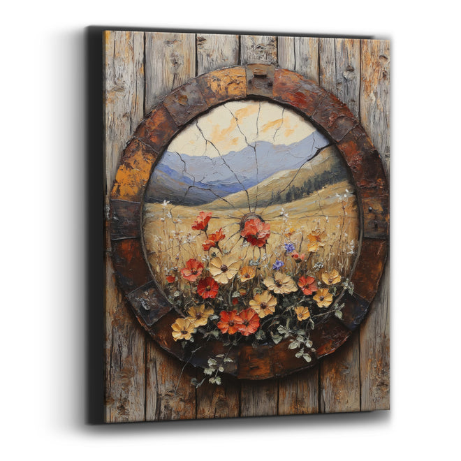 Round Cracked Wheel Meadow Western Canvas Wall Art