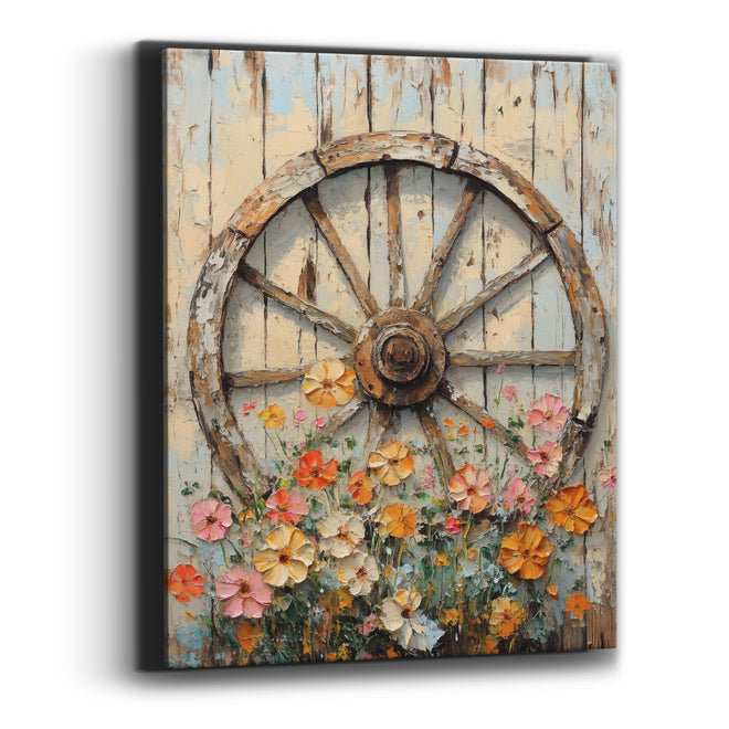 Old Wagon Wheel Wildflowers Western Canvas Wall Art
