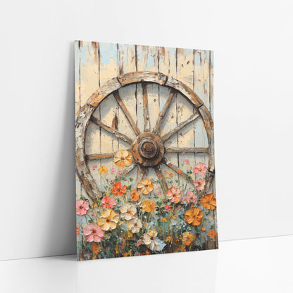 Old Wagon Wheel Wildflowers Western art print leaning against a white wall – weathered wagon wheel on peeling cream and blue