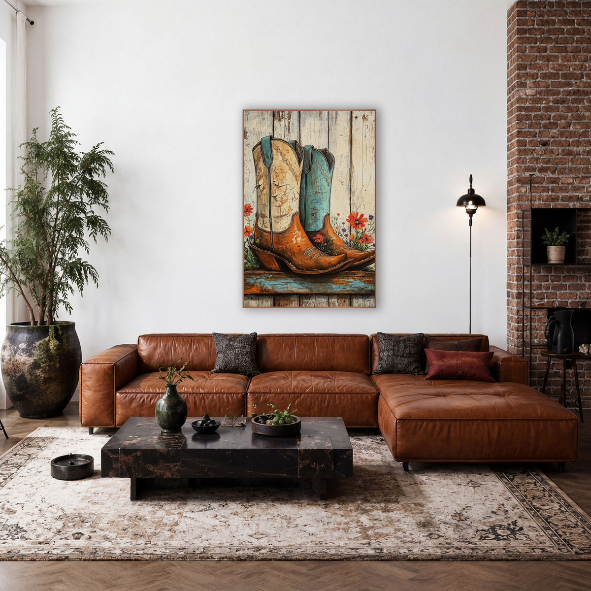 Worn Cowboy Boots Wildflower Western wall art in a rustic western-style room – pair of cowboy boots, one cream and one