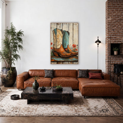 Worn Cowboy Boots Wildflower Western wall art in a rustic western-style room – pair of cowboy boots, one cream and one