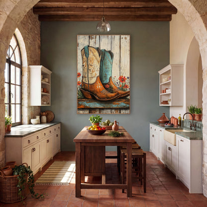 Worn Cowboy Boots Wildflower Western wall art in a rustic western-style room – pair of cowboy boots, one cream and one