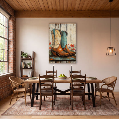 Worn Cowboy Boots Wildflower Western wall art in a rustic western-style room – pair of cowboy boots, one cream and one