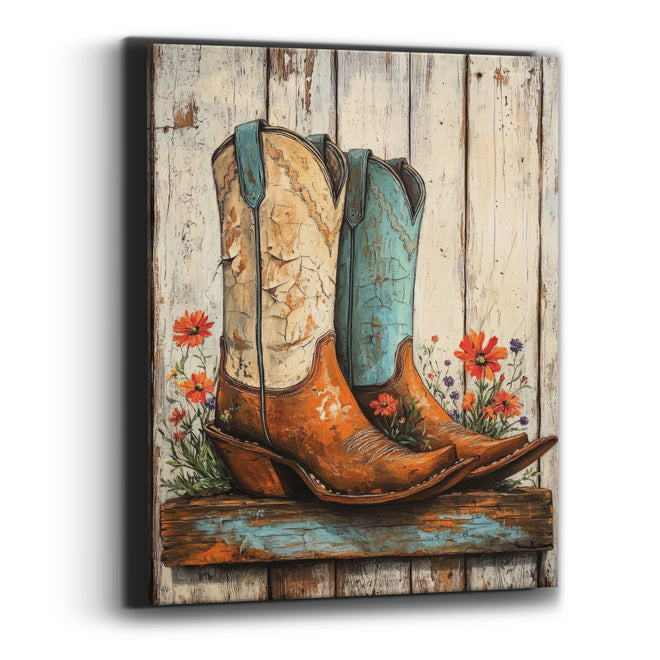 Worn Cowboy Boots Wildflower Western Canvas Wall Art