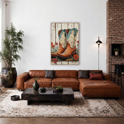 Cracked Cowboy Boots Wildflower Western wall art in a rustic western-style room – pair of worn cowboy boots