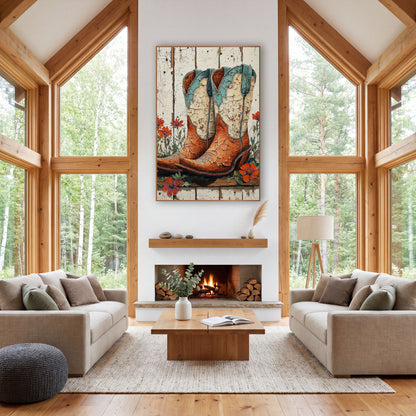 Cracked Cowboy Boots Wildflower Western wall art in a rustic western-style room – pair of worn cowboy boots