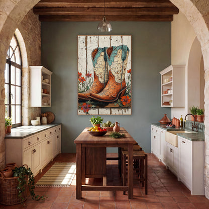 Cracked Cowboy Boots Wildflower Western wall art in a rustic western-style room – pair of worn cowboy boots