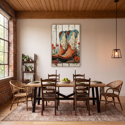 Cracked Cowboy Boots Wildflower Western wall art in a rustic western-style room – pair of worn cowboy boots