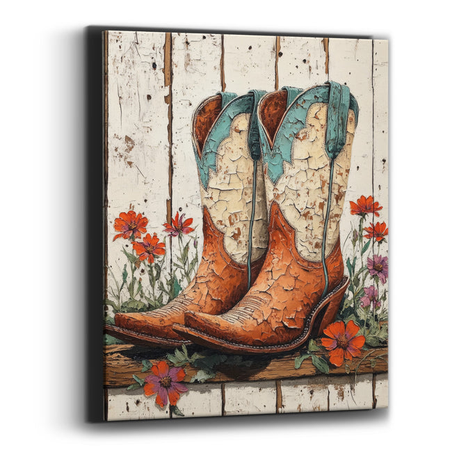 Cracked Cowboy Boots Wildflower Western Canvas Wall Art