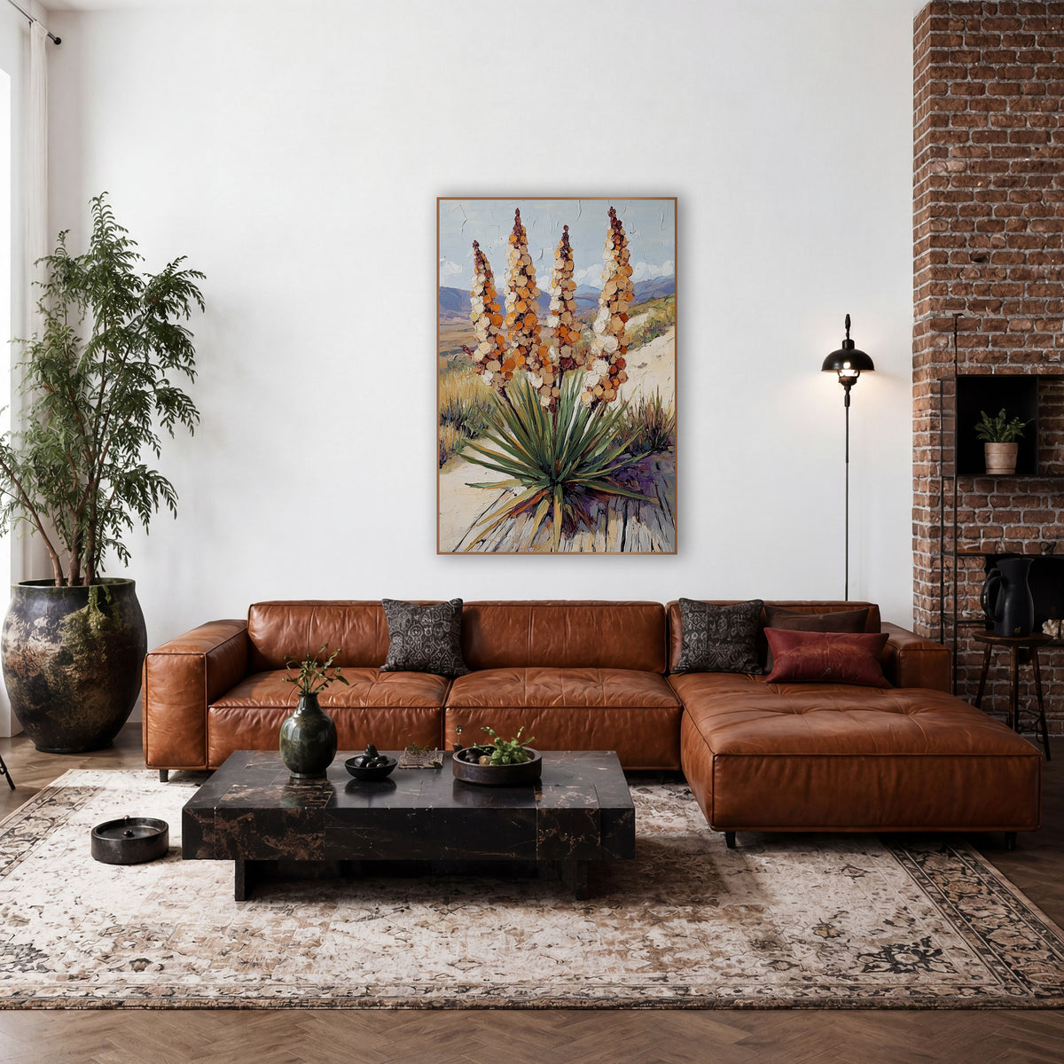 Blooming Yucca Spires Desert Western wall art in a rustic western-style room – four tall amber and cream yucca flower