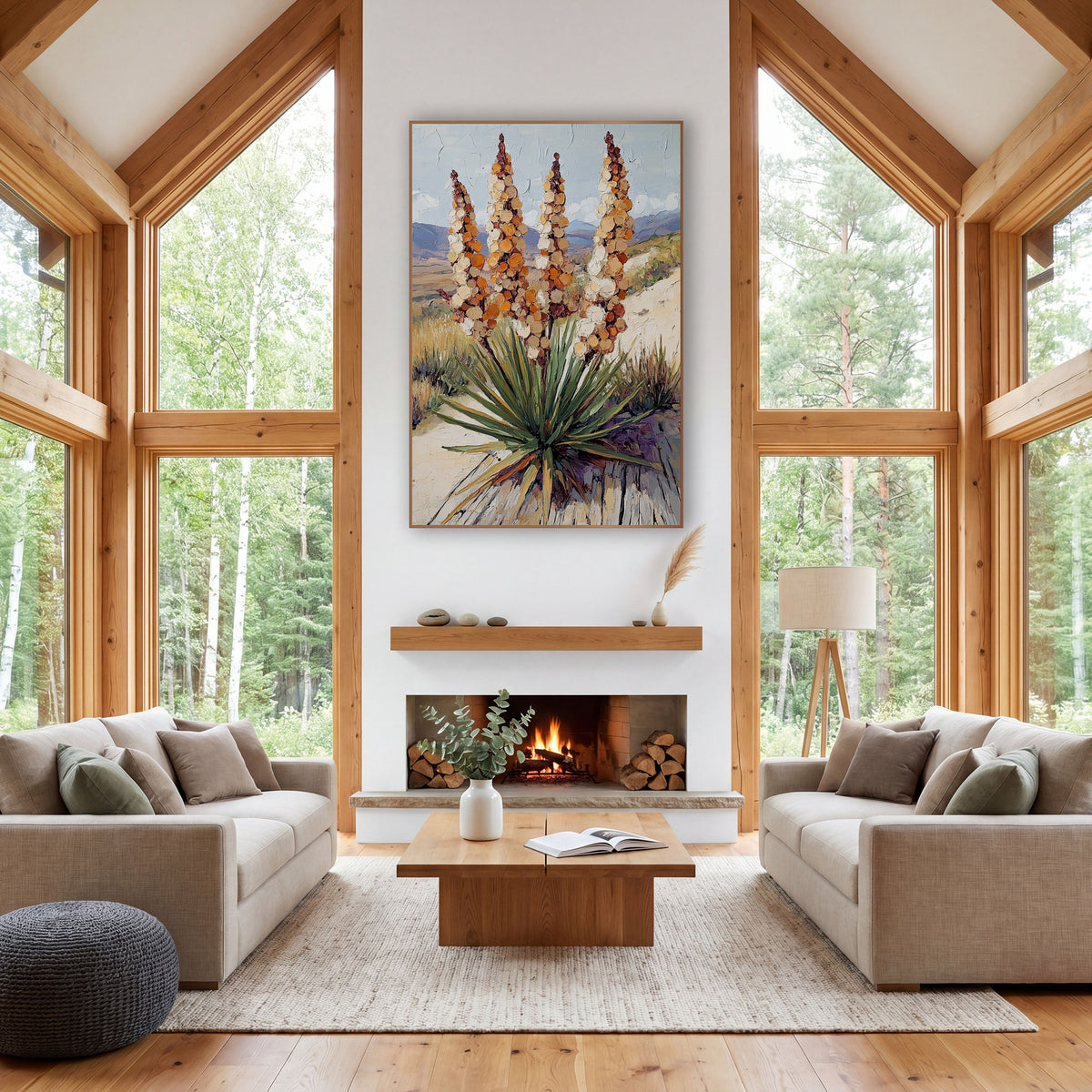 Blooming Yucca Spires Desert Western wall art in a rustic western-style room – four tall amber and cream yucca flower