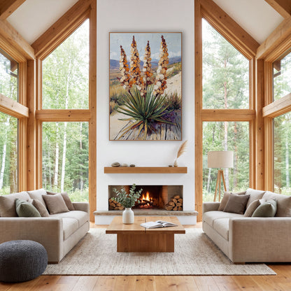 Blooming Yucca Spires Desert Western wall art in a rustic western-style room – four tall amber and cream yucca flower