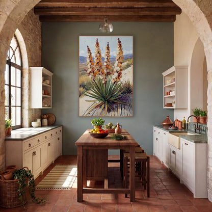 Blooming Yucca Spires Desert Western wall art in a rustic western-style room – four tall amber and cream yucca flower