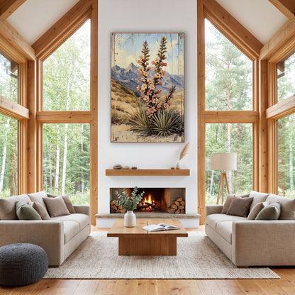 Blooming Yucca Desert Western wall art in a rustic western-style room – tall yucca spikes with blush pink and cream