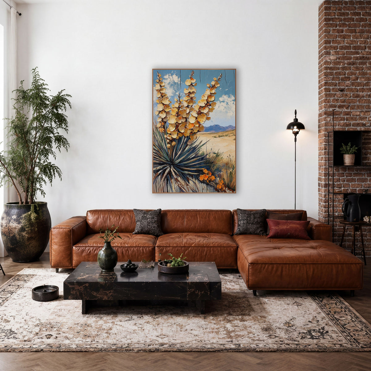 Golden Yucca Bloom Desert Western wall art in a rustic western-style room – yucca in full bloom with cream and gold