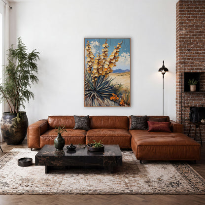 Golden Yucca Bloom Desert Western wall art in a rustic western-style room – yucca in full bloom with cream and gold