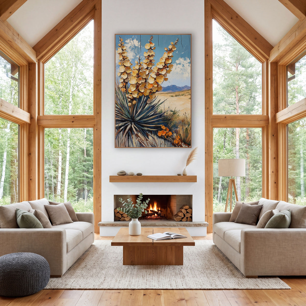 Golden Yucca Bloom Desert Western wall art in a rustic western-style room – yucca in full bloom with cream and gold