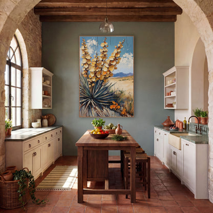 Golden Yucca Bloom Desert Western wall art in a rustic western-style room – yucca in full bloom with cream and gold