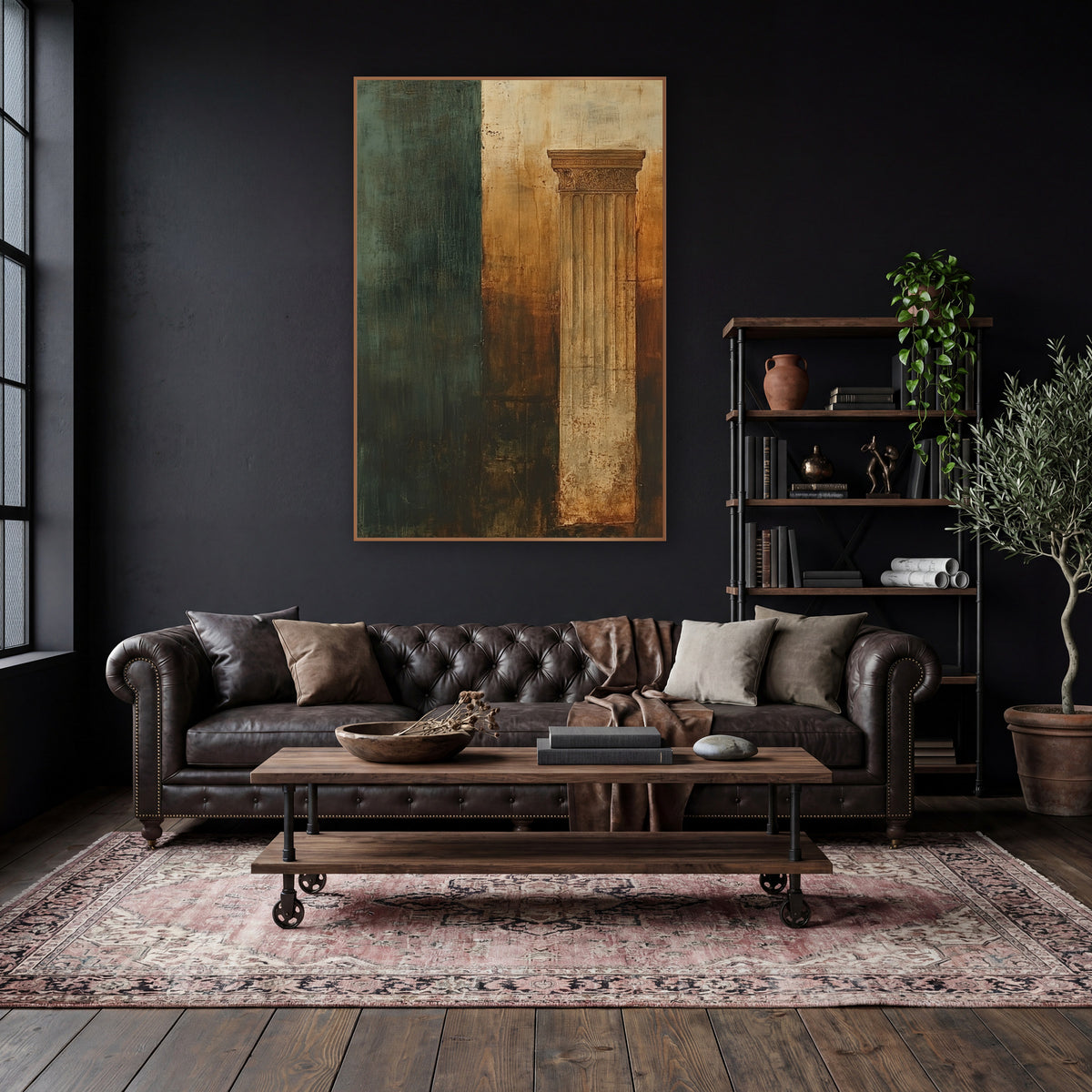 Verdigris Column Fragment Abstract wall art in a moody dark academia room – abstract fluted classical column