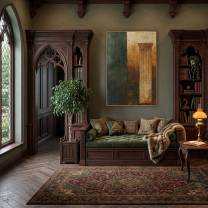 Verdigris Column Fragment Abstract wall art in a moody dark academia room – abstract fluted classical column