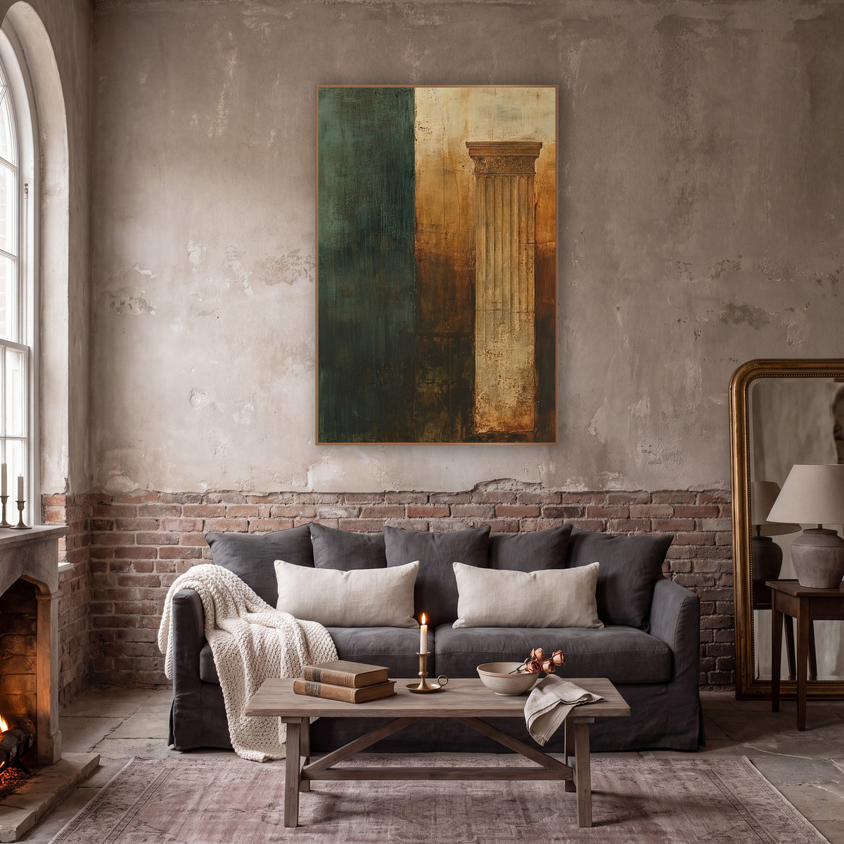 Verdigris Column Fragment Abstract wall art in a moody dark academia room – abstract fluted classical column
