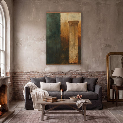 Verdigris Column Fragment Abstract wall art in a moody dark academia room – abstract fluted classical column