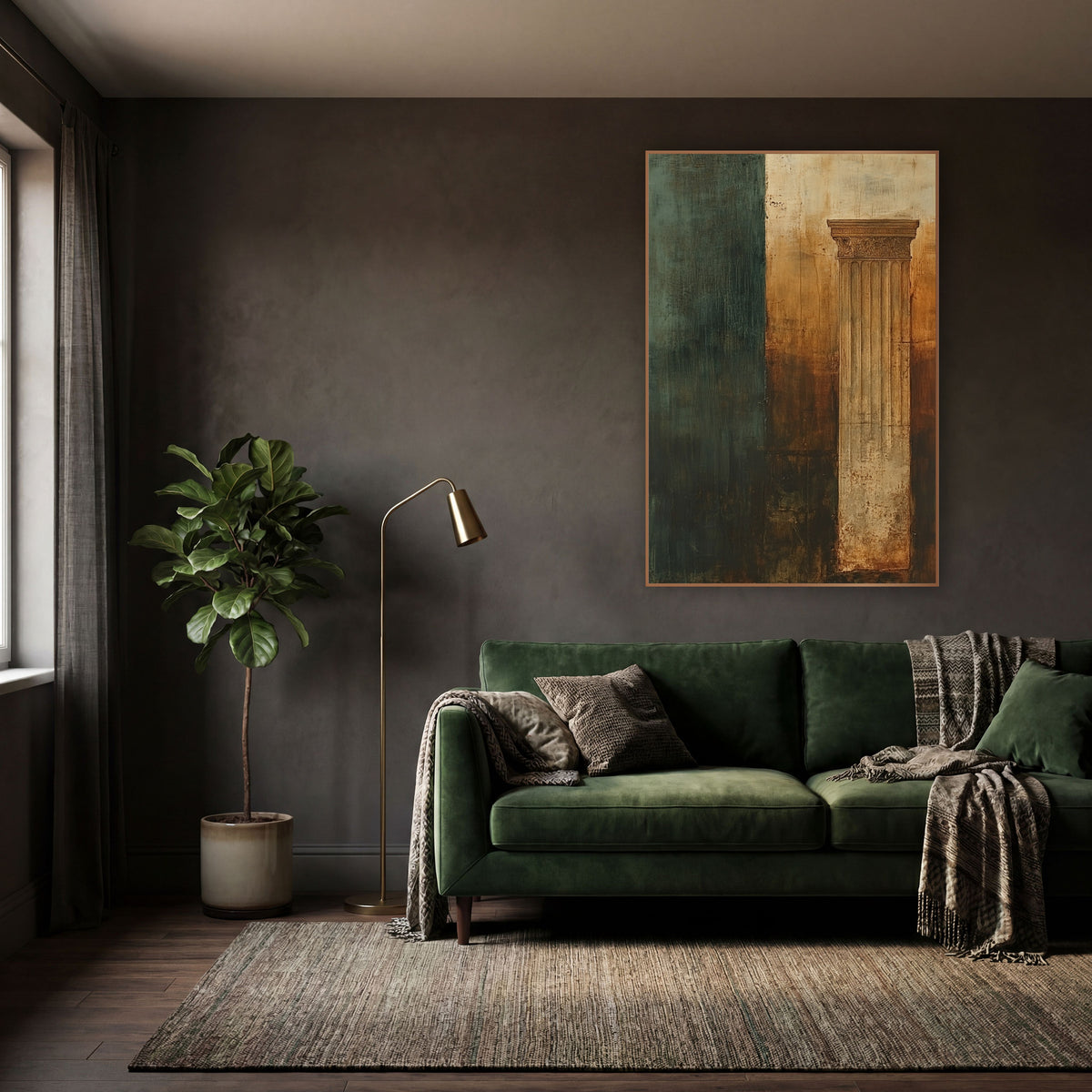 Verdigris Column Fragment Abstract wall art in a moody dark academia room – abstract fluted classical column