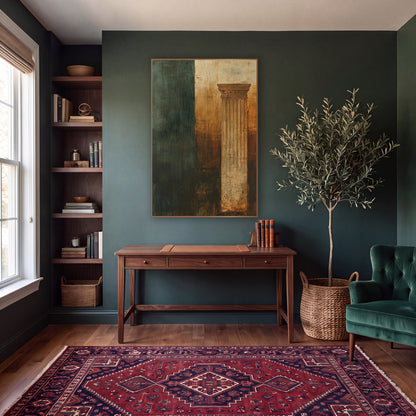 Verdigris Column Fragment Abstract wall art in a moody dark academia room – abstract fluted classical column