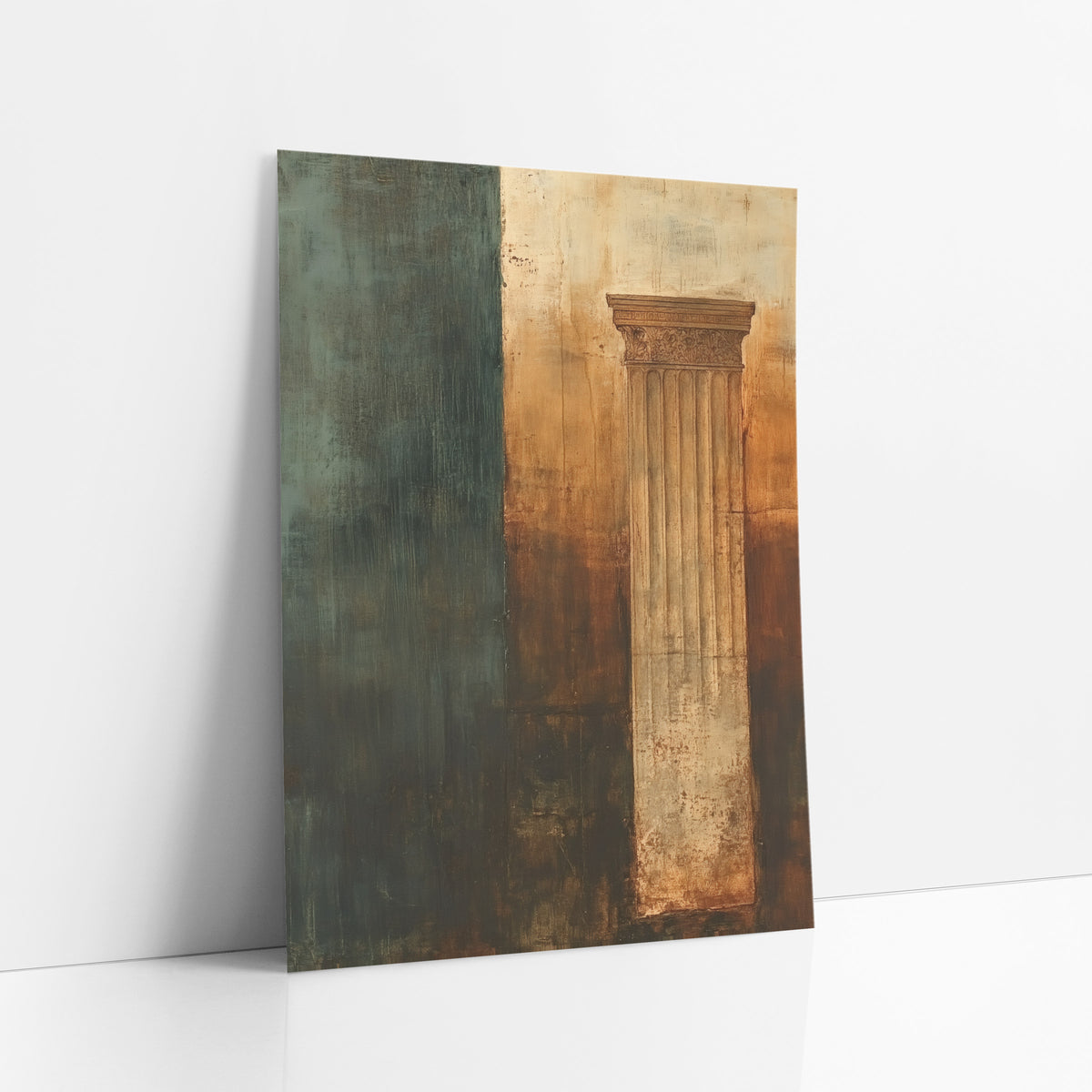 Verdigris Column Fragment Abstract art print leaning against a white wall – abstract fluted classical column with carved