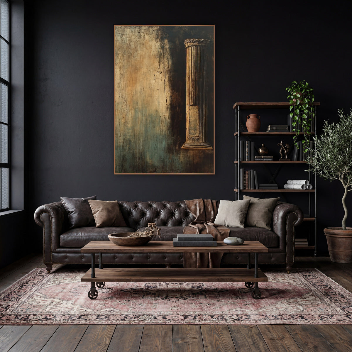 Lone Pillar Amber Teal Classic wall art in a moody dark academia room – fluted classical column with carved top