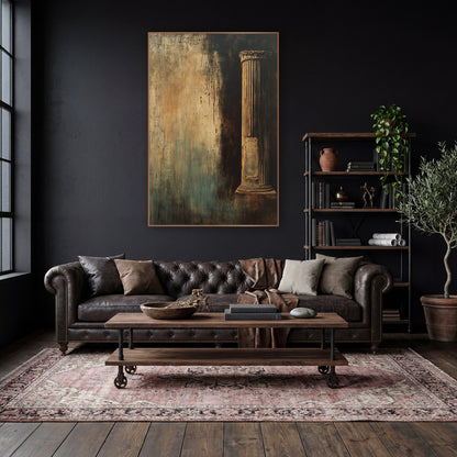 Lone Pillar Amber Teal Classic wall art in a moody dark academia room – fluted classical column with carved top