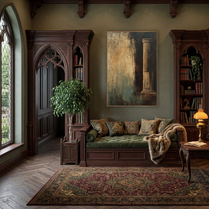 Lone Pillar Amber Teal Classic wall art in a moody dark academia room – fluted classical column with carved top