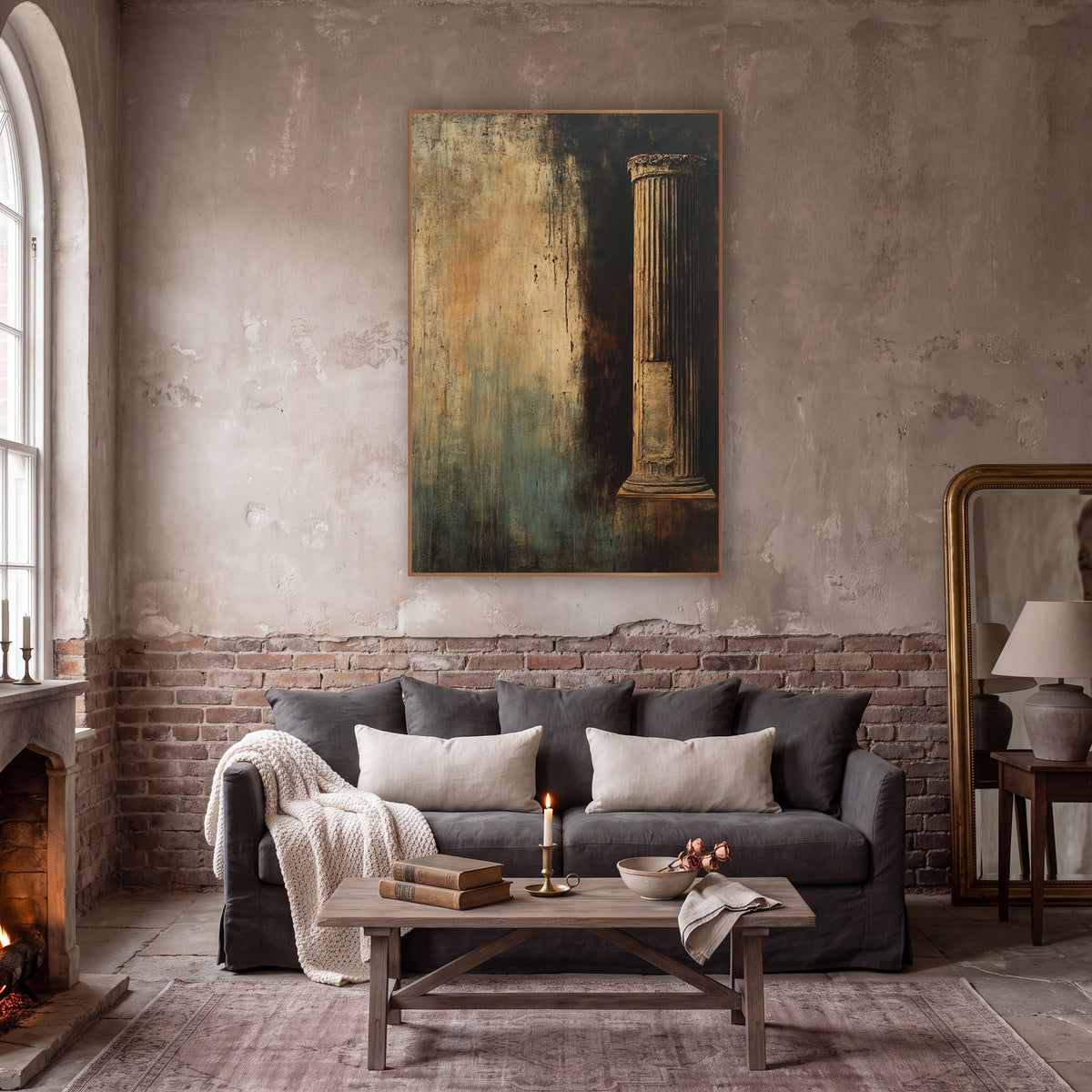 Lone Pillar Amber Teal Classic wall art in a moody dark academia room – fluted classical column with carved top