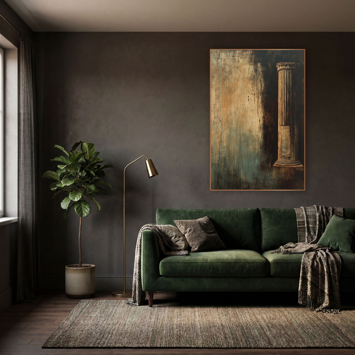 Lone Pillar Amber Teal Classic wall art in a moody dark academia room – fluted classical column with carved top