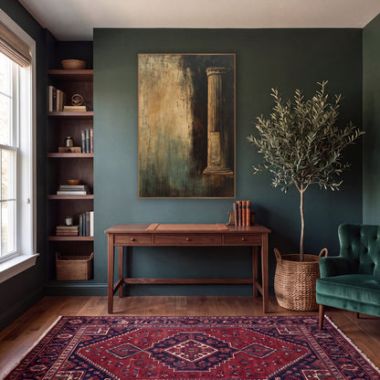 Lone Pillar Amber Teal Classic wall art in a moody dark academia room – fluted classical column with carved top