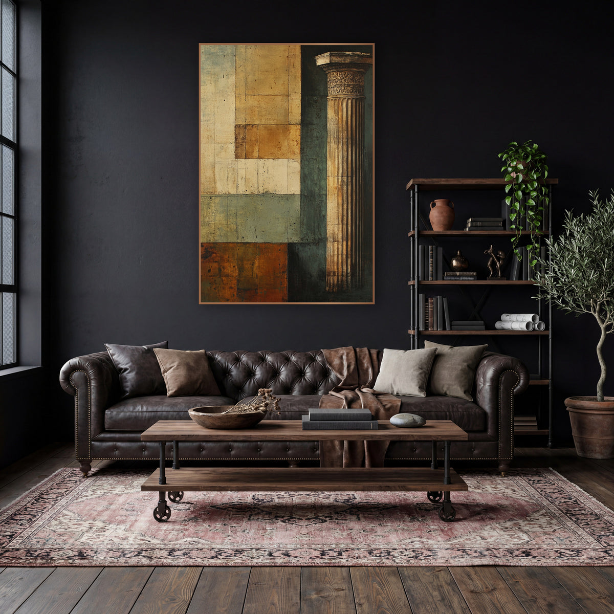 Column Beside Patchwork Squares Classic wall art in a moody dark academia room – tall fluted classical column