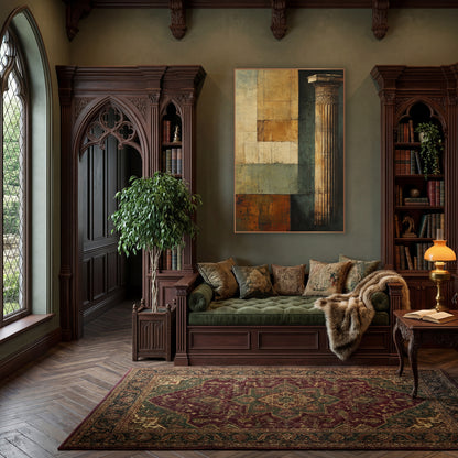 Column Beside Patchwork Squares Classic wall art in a moody dark academia room – tall fluted classical column
