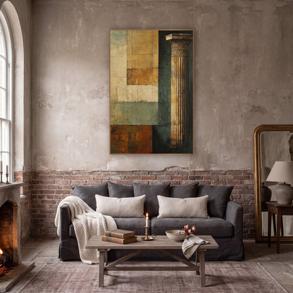 Column Beside Patchwork Squares Classic wall art in a moody dark academia room – tall fluted classical column