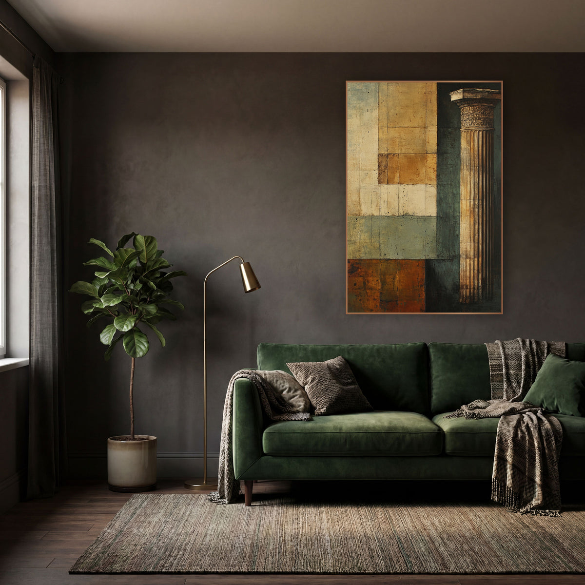 Column Beside Patchwork Squares Classic wall art in a moody dark academia room – tall fluted classical column