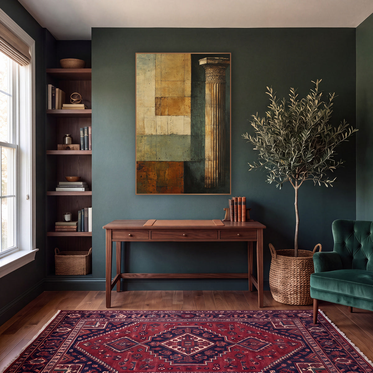 Column Beside Patchwork Squares Classic wall art in a moody dark academia room – tall fluted classical column