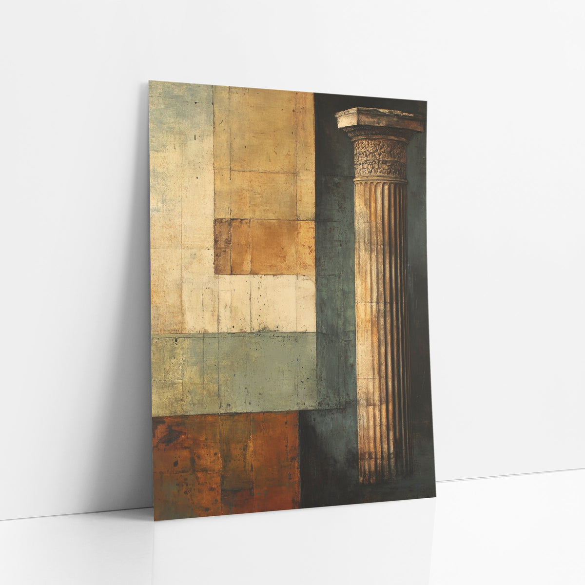 Column Beside Patchwork Squares Classic art print leaning against a white wall – tall fluted classical column beside worn